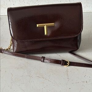 T Tahari Shiny POMEGRANATE Chocolate Crossbody Bag